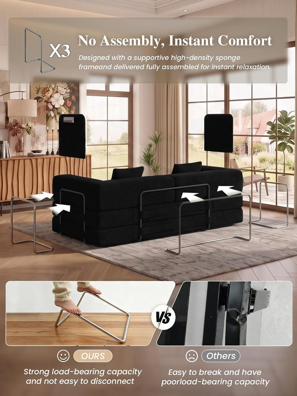 79.5" 5-in-1 Convertible Futon Sofa Bed, Boneless Corduroy, Black
