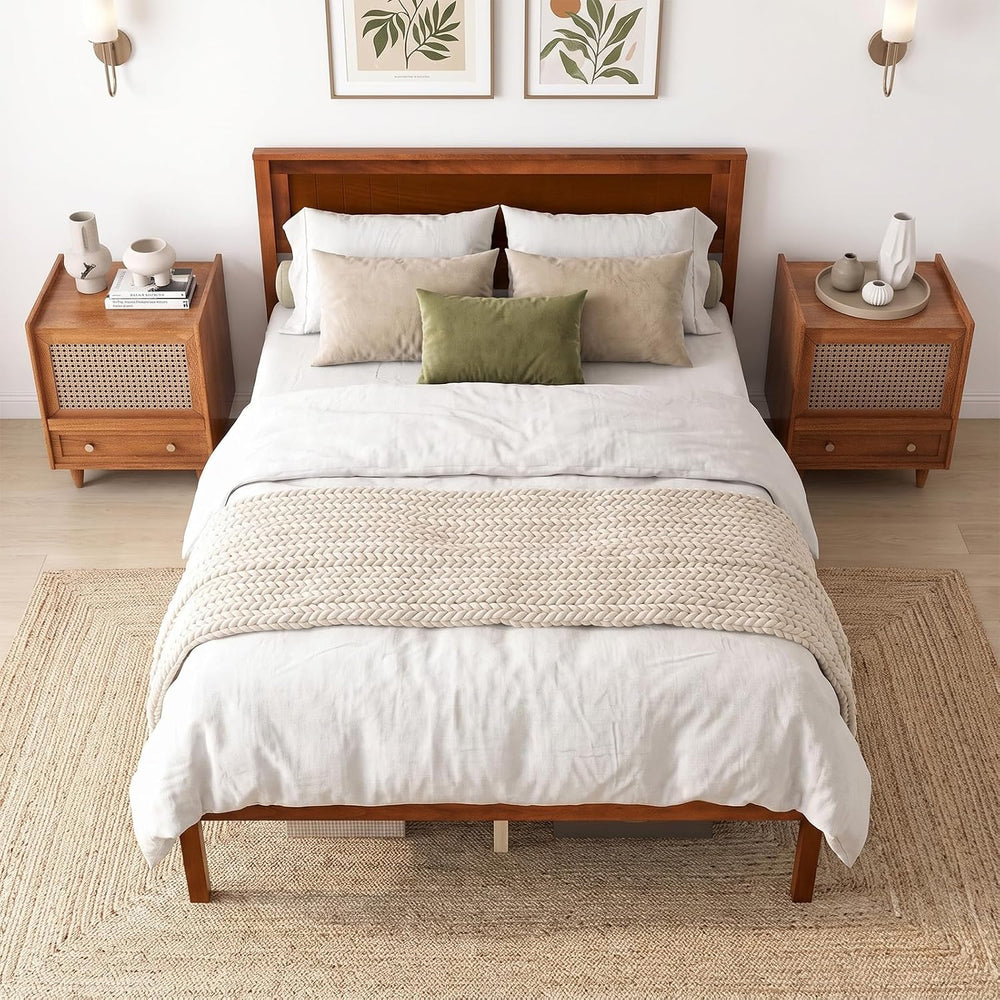 KOMFOTT Full Size Wood Platform Bed Frame with Headboard, Solid Wood Bed Fram...