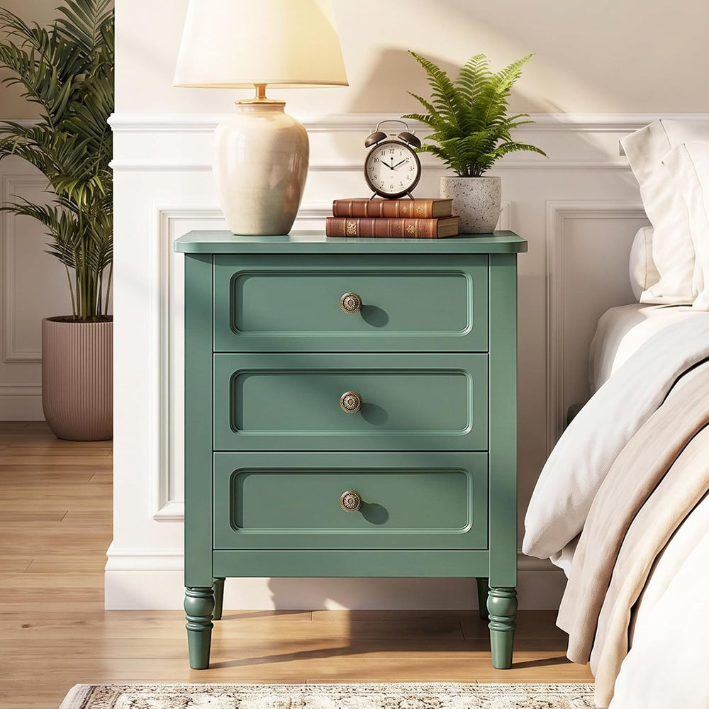 RoyalCraft Nightstand with 3 Drawers, Green Wood Night Stand for Bedroom