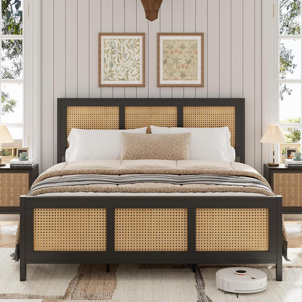 IDEALHOUSE Rattan Bed Frame with Headboard, Boho Full Size Bed Frame, Black