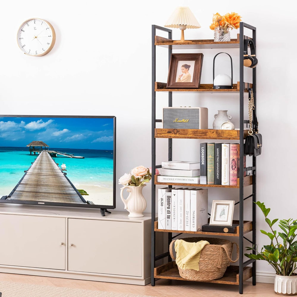HCHQHS Adjustable 6 Tier Open Bookcase, Rustic Farmhouse Book Shelves, Indust...