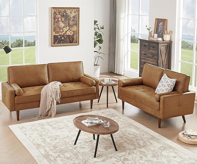 HIFIT 58" Loveseat Sofa Couch, Mid Century Modern Faux Leather Couch wit...