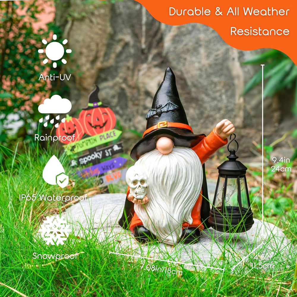 Halloween Gnome Decoration Garden Statues with Skull Solar Gnomes with LED La...