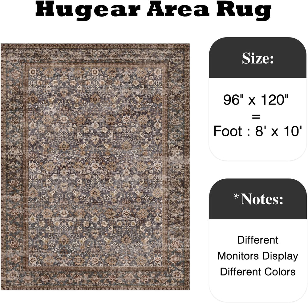 HUGEAR 8x10 Brown Blue Vintage Floral Washable Area Rug for Living Room