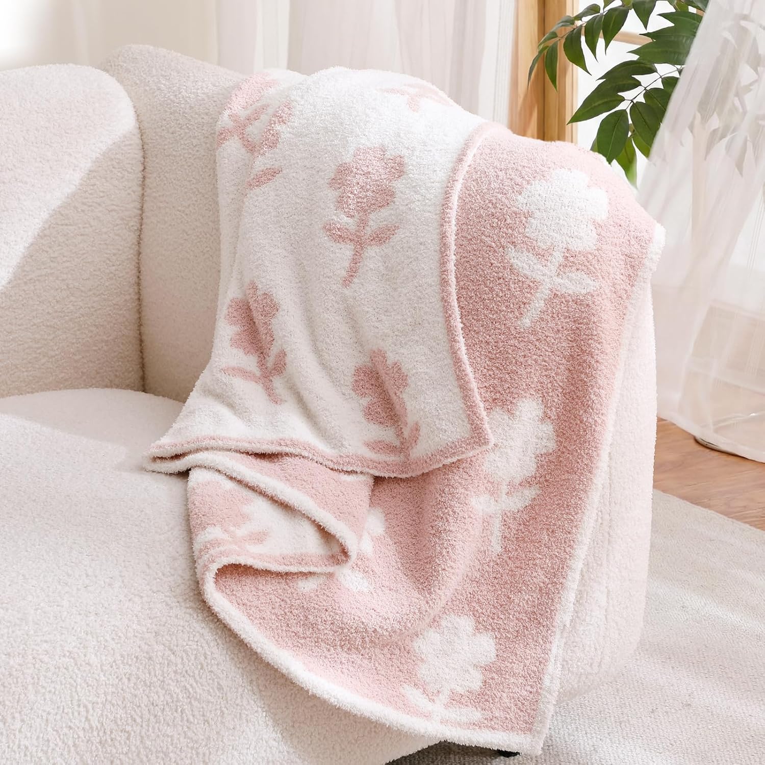 Snuggle Sac Flower Throw Blanket for Couch, Fuzzy Microfiber Warm Winter Daisy Floral Blankets, Sunflower Throws Gifts, Flower Pink, 50x60 inches