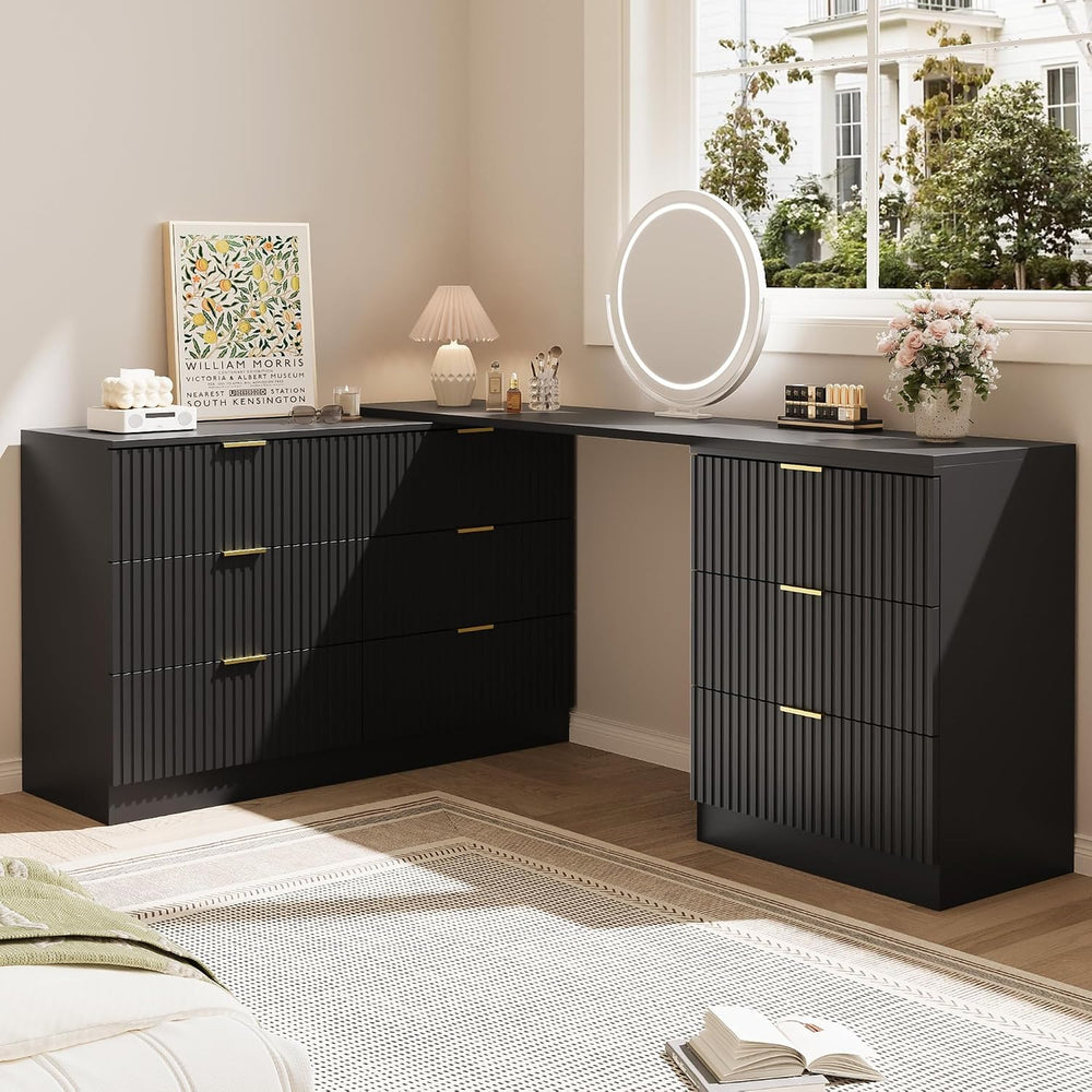 L-Shaped Rotatable 9 Drawer Dresser for Bedroom, 71" Wide Deformable Bla...
