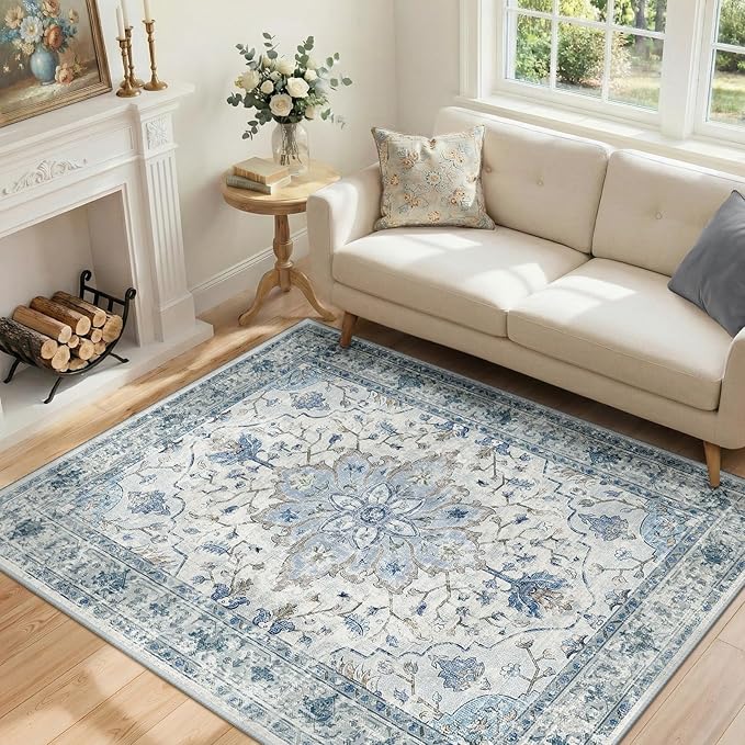 Area Rugs 4'x5' Washable Non-Slip, Floral Vintage Distress Print Pattern by RELEANY