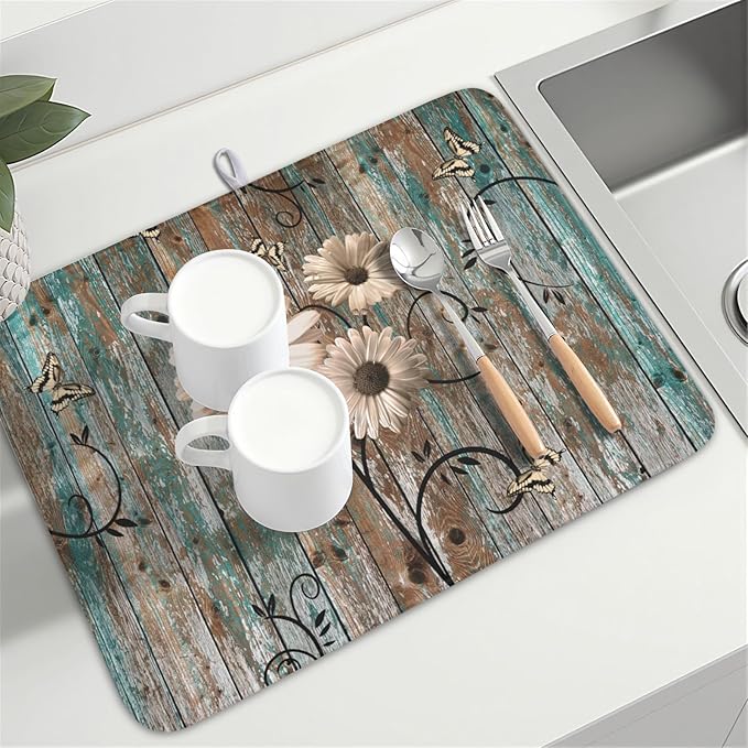 Dish Drying Mat for Kitchen Counter 18 x 24 Inch Rustic Vintage Daisy Floral - Image 8