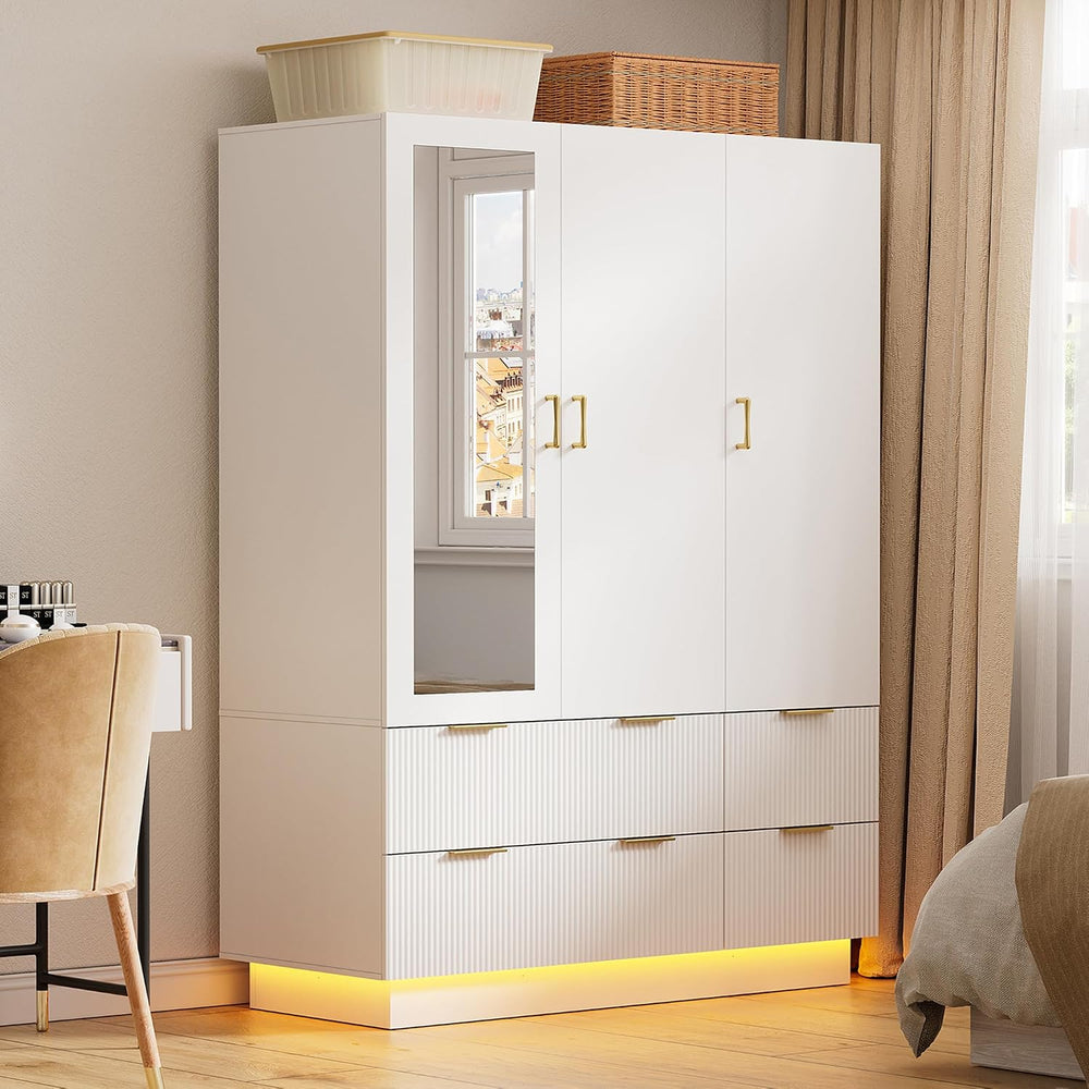 PAKASEPT Armoire Wardrobe Closet with 3 Door, Mirror, LED Lights