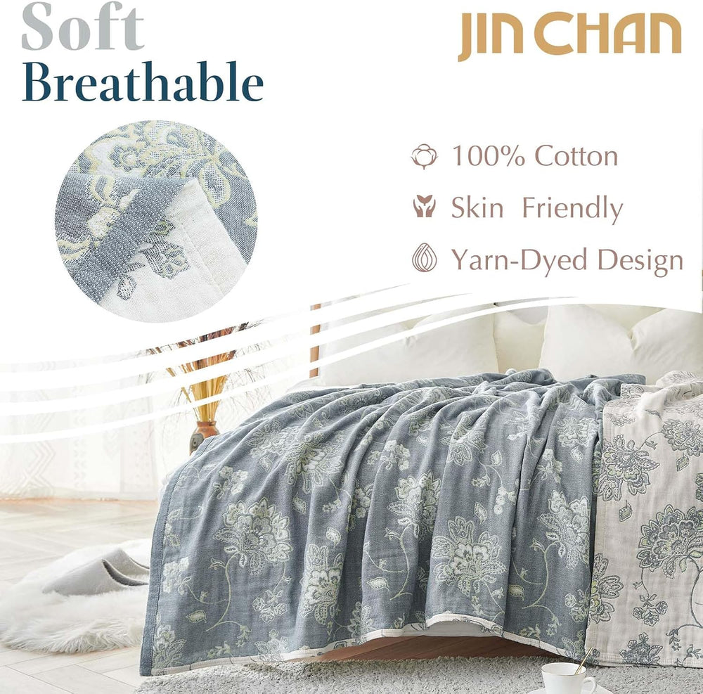 JINCHAN 100% Cotton Muslin Blanket Queen Boho Bed Blanket 80x90 Blue/White