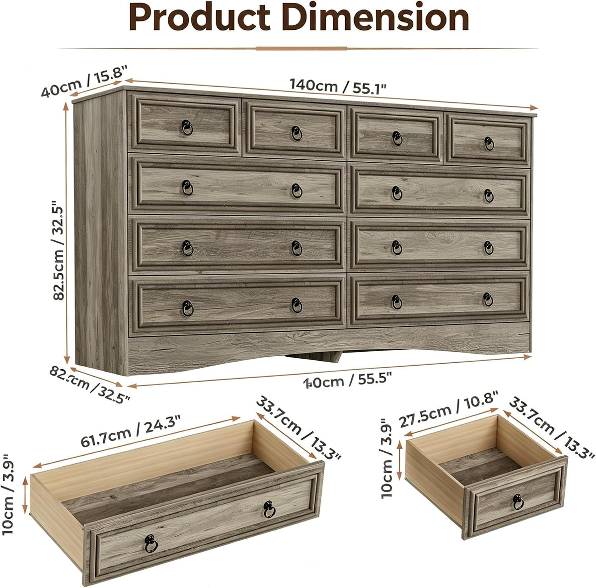 10 drawers dresser for bedroom, 55.2 inch wide shown in use