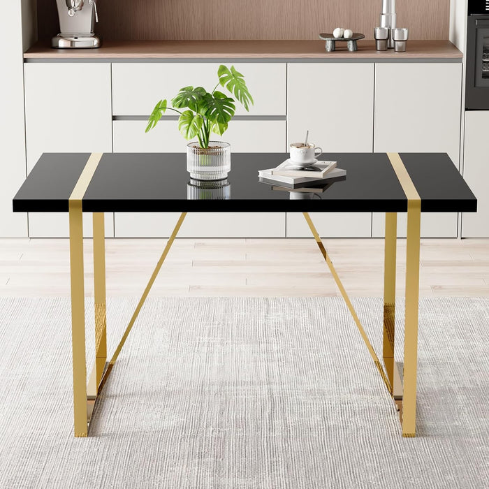 Modern Dining Table, 55'' Dining Room Table for 4-6 People, Black Wood Tabletop with Gold Metal Legs, Suitable for Small Space