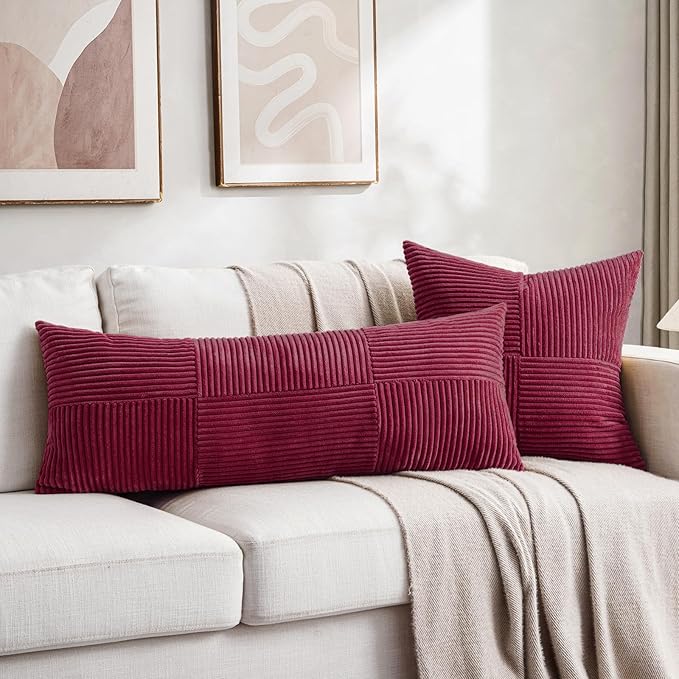 Fancy Homi Set of 2 Burgundy Boho Long Lumbar Body Decorative Throw Pillow - Image 5