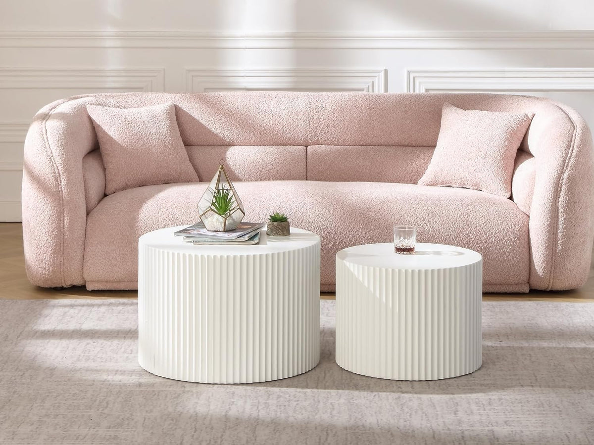 Nesting Coffee Table Set of 2 Round Coffee Tables Cocktail Table End Table Drum Coffee Table for Living Room Matte White