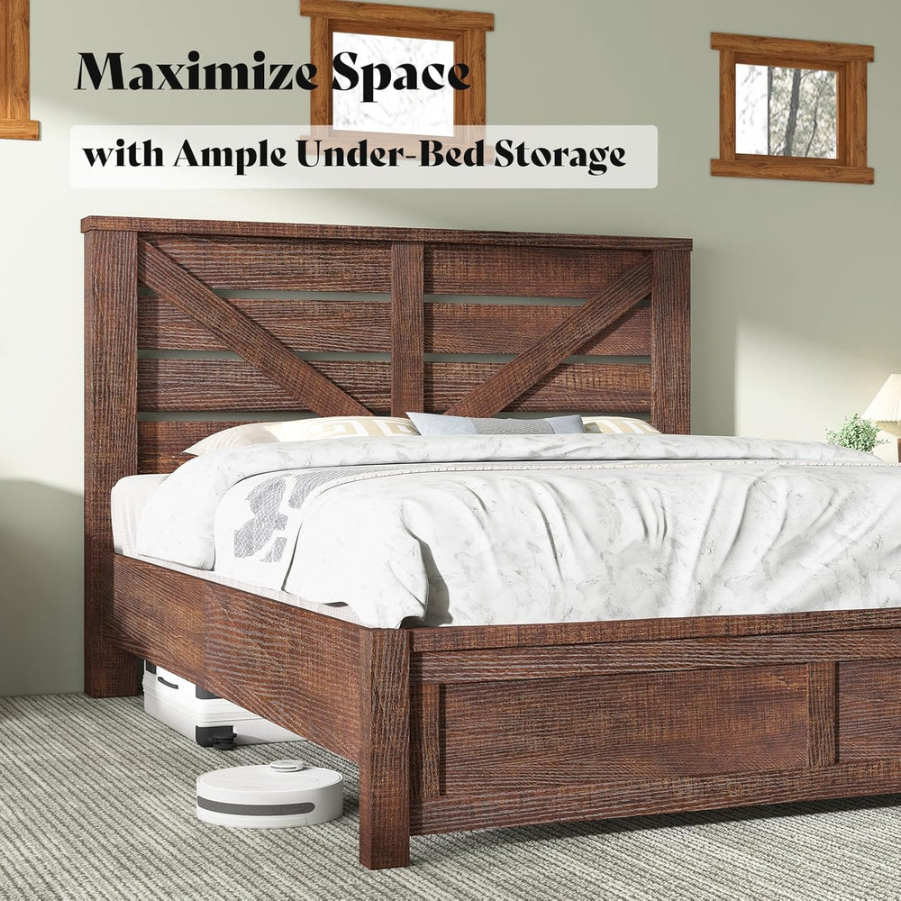 AMERLIFE Farmhouse Full Size Bed Frame with Barn Door Storage, Rustic Brown