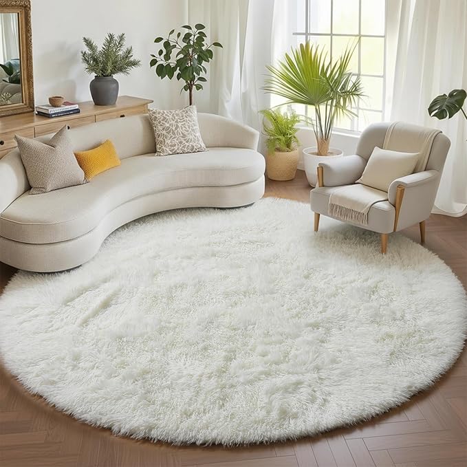 ONASAR Cream White Round Area Rugs 6ft, Fluffy Soft Bedroom Circle Rug Floor Mat by ONASAR