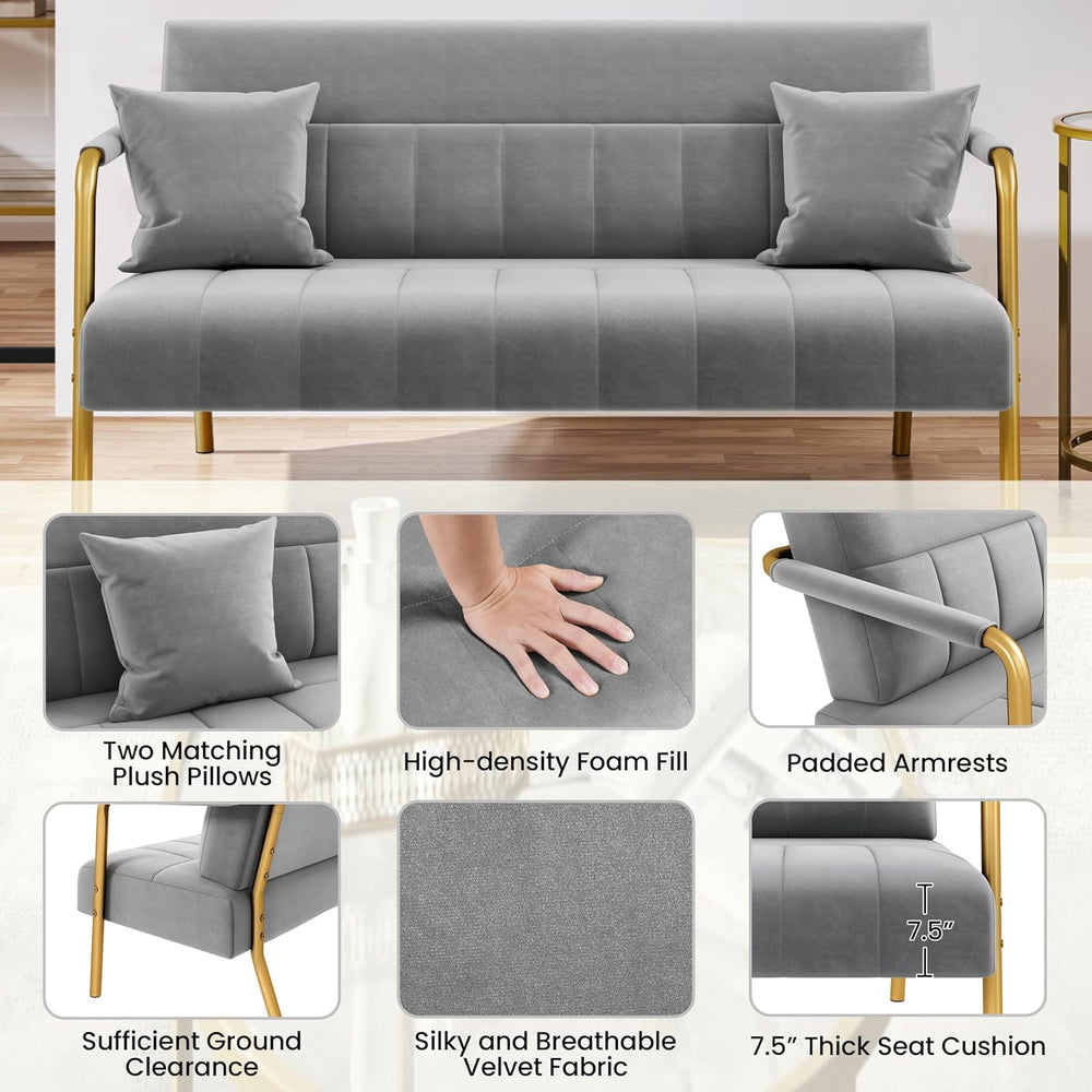 Yaheetech 56.5" Small Sofa 2 Seater Couch with Gold-Tone Legs, Light Gray