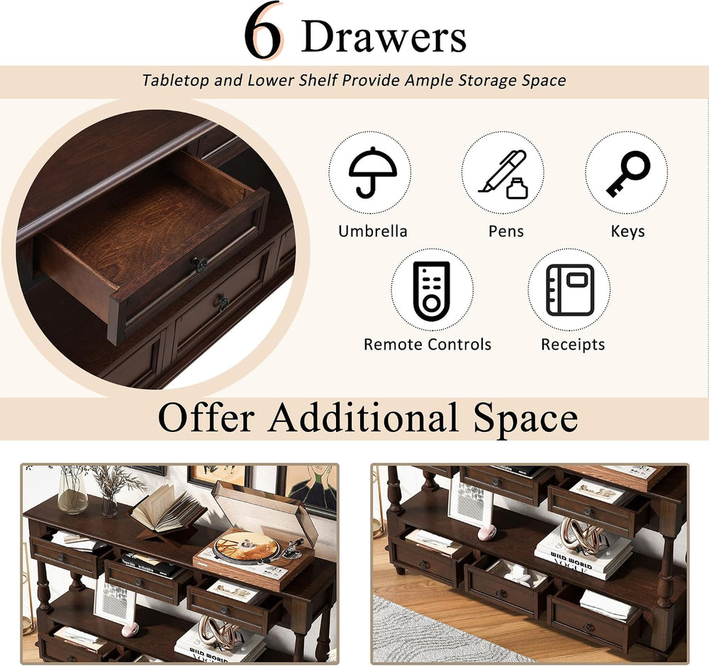 Knocbel Console Table with 6 Storage Drawers and Bottom Shelf, Vintage Sofa T...