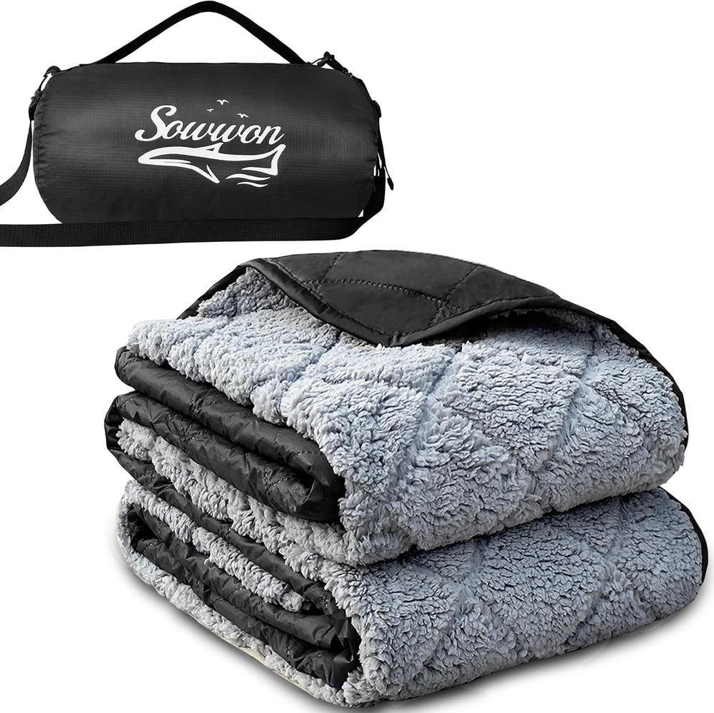 Waterproof Outdoor Blanket 82"x55" Large Sherpa Fleece 300GSM Black