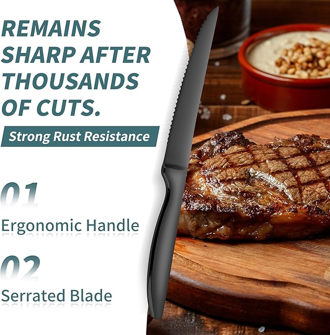 SuperCook Black Steak Knives of 12, High End Stainless Steel Steak Knives Set - Image 2