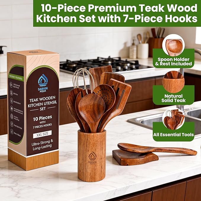 Teak Wooden Utensil Set 10 Piece, Kitchen Cooking Utensils - Image 3