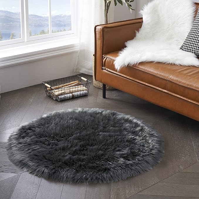 Latepis Dark Grey Round Rug 3ft Faux Fur Circle Rug Fluffy Furry Fuzzy Rug - Image 7