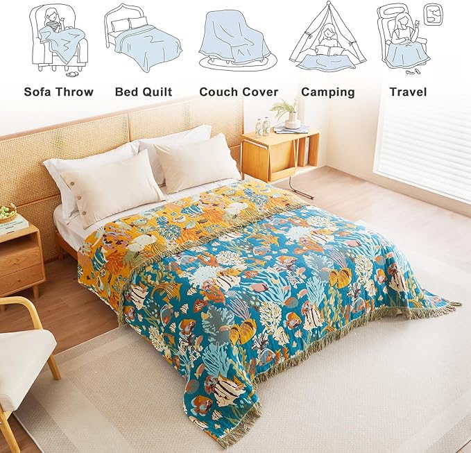 MSGKV Throw Blanket for Bed Cotton Cute Ocean Animals Twin Size Couch Blanket - Image 5