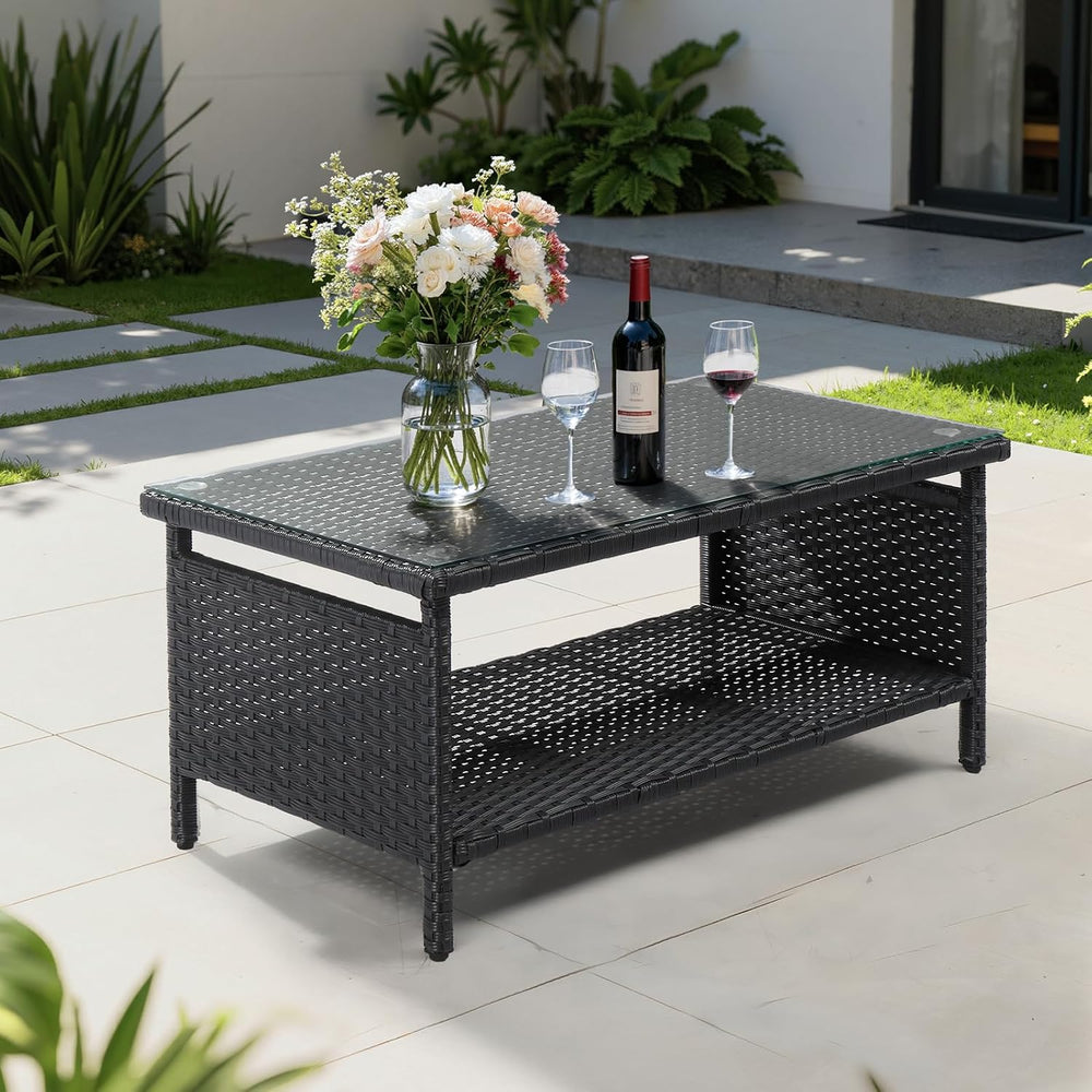 VINGLI Outdoor Wicker CoffeeTable Patio Coffee Tables for Outside, Tempered G...