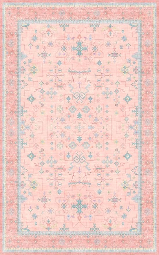 Hazo Haus Pink and Blue Washable 5x8 Living Room Rugs, Boho Aethestic Oushak - Image 2