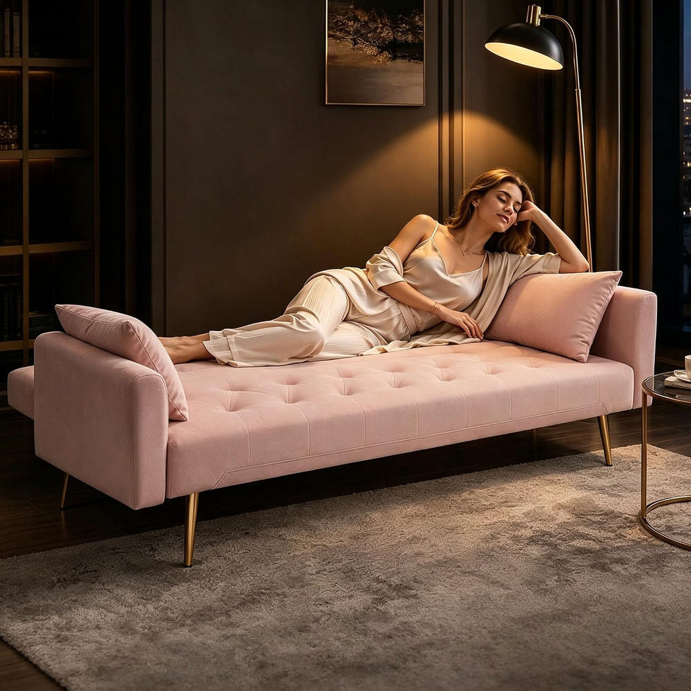 71" Pink Velvet Sofa Bed, Convertible Futon Couch, Adjustable Back