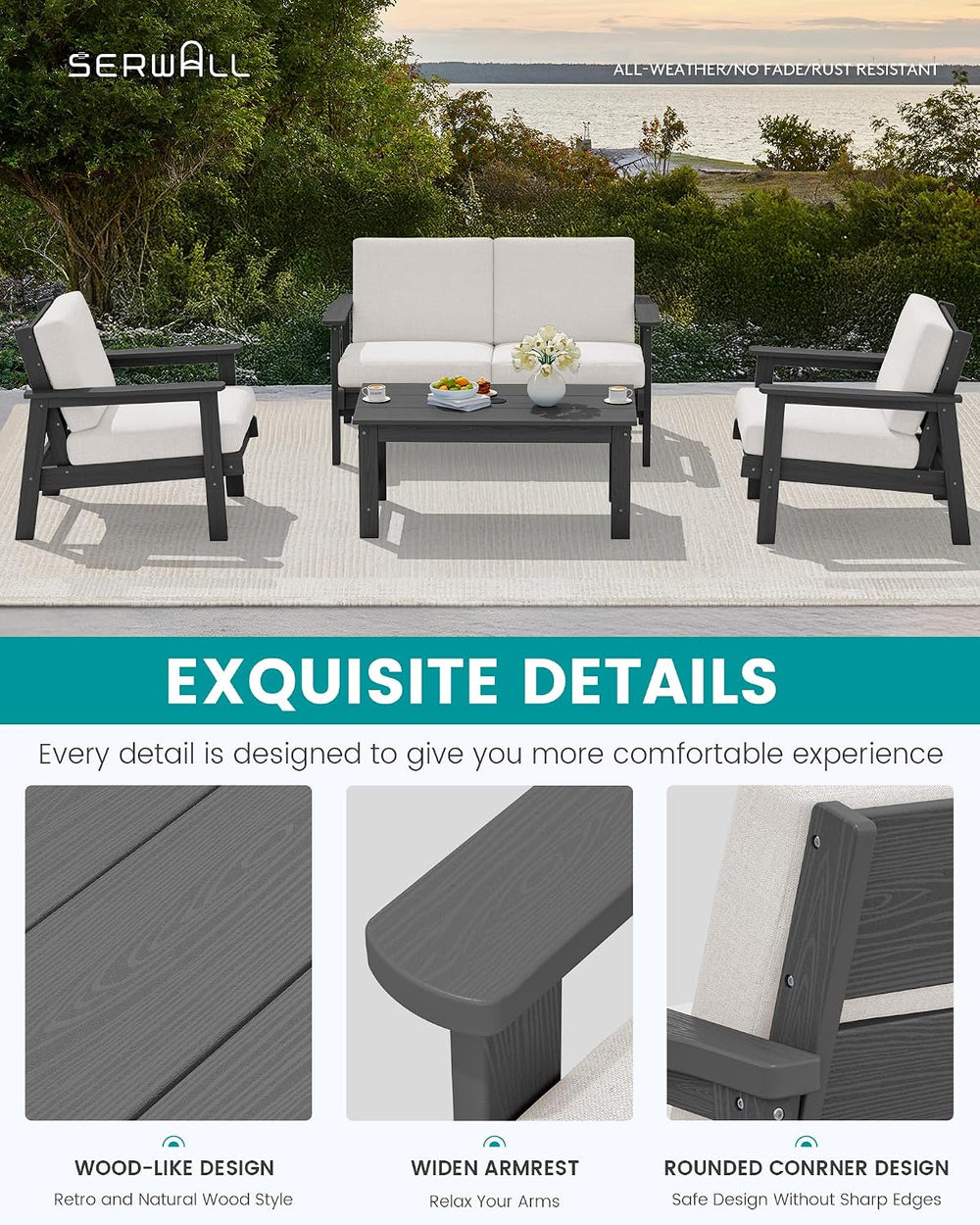 SERWALL HDPE Outdoor Loveseat, All Weather Patio Furniture Set
