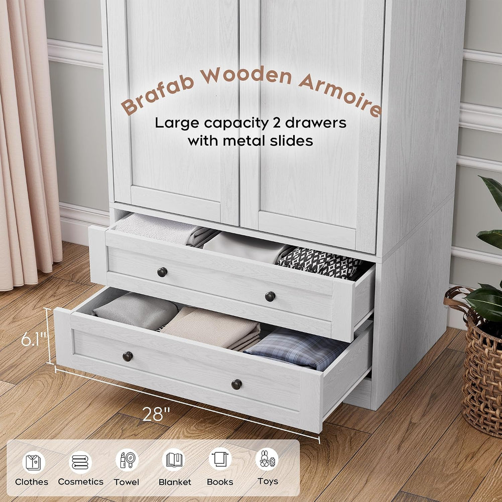 Brafab Wooden Armoire Wardrobe Closet with Drawers, White, Set of 2