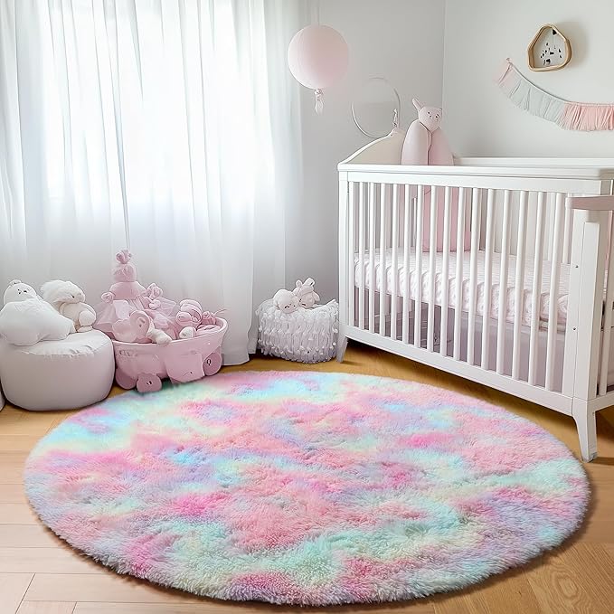ONASAR Rainbow Round Rugs 6ft for Living Room Bedroom, Fluffy Circle Area Rug - Image 8