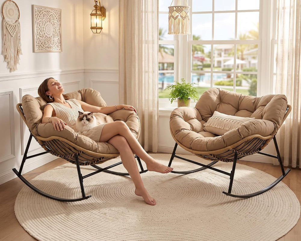 2-Piece Outdoor Patio Papasan Rocking Chair, Cozy Oversized Wicker Gliding Lo...