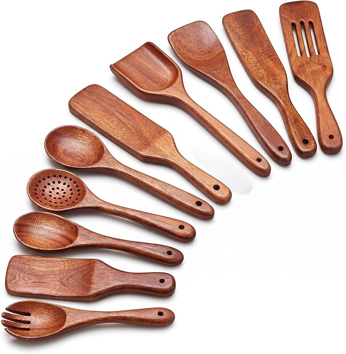 10Pcs Wooden Kitchen Utensil Set, Premium Natural Acacia Wood Cooking Utensils by Berenti