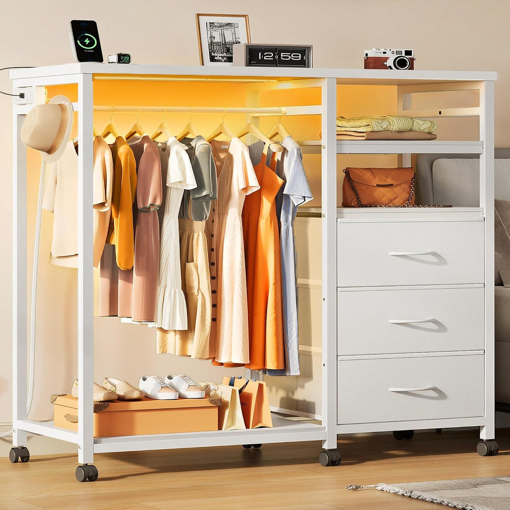 WLIVE LED Dresser for Bedroom, 3 Drawers with Hanging Rack, White