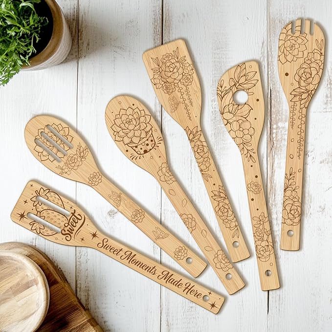 CUTHOLLOW 6PCS Succulents Potted Wooden Kitchen Cooking Utensil Set, 11.9in Non by CUTHOLLOW
