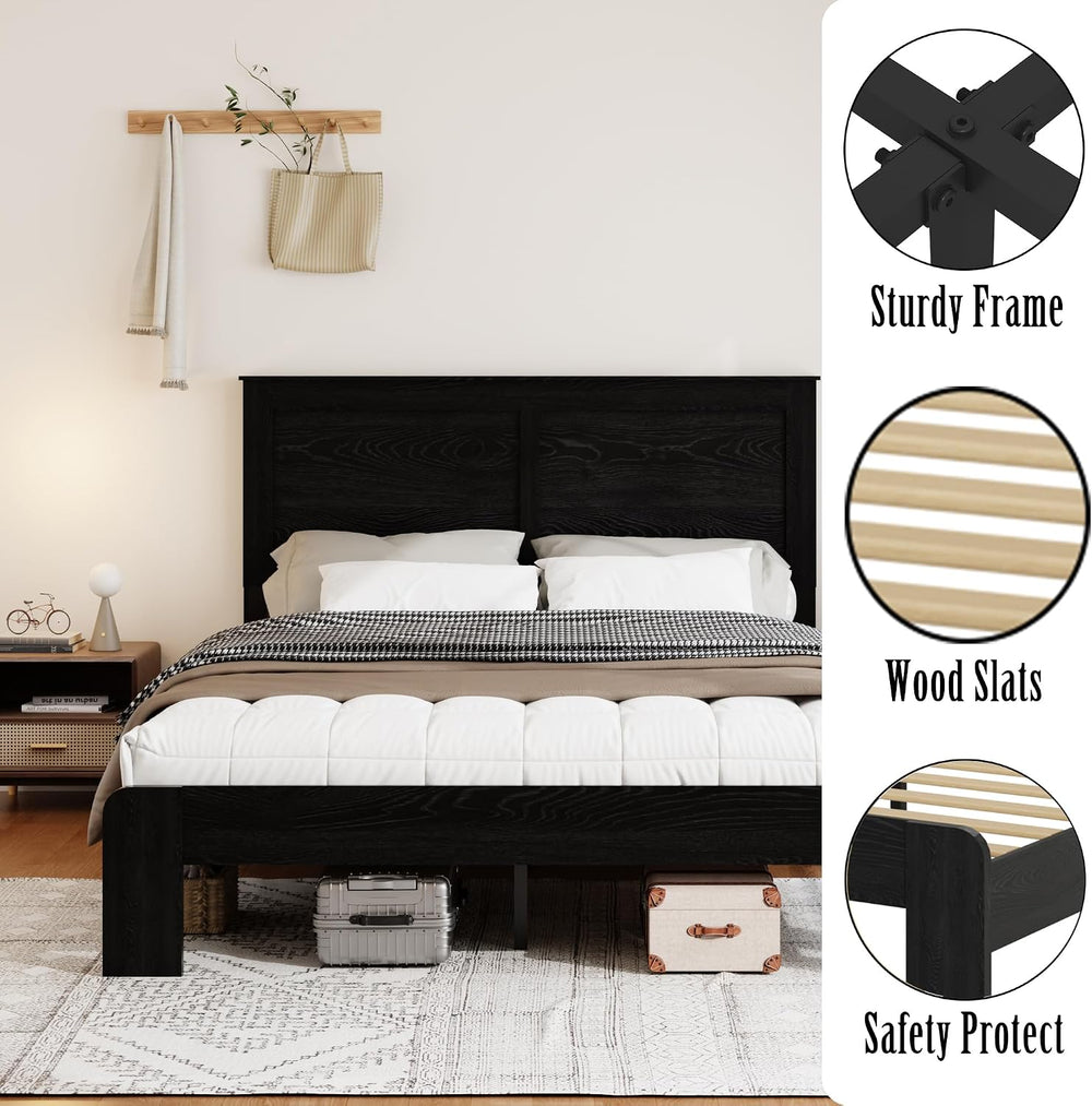 Wooden Bed Frame Full Size with Headboard, Farmhouse Platform Bed