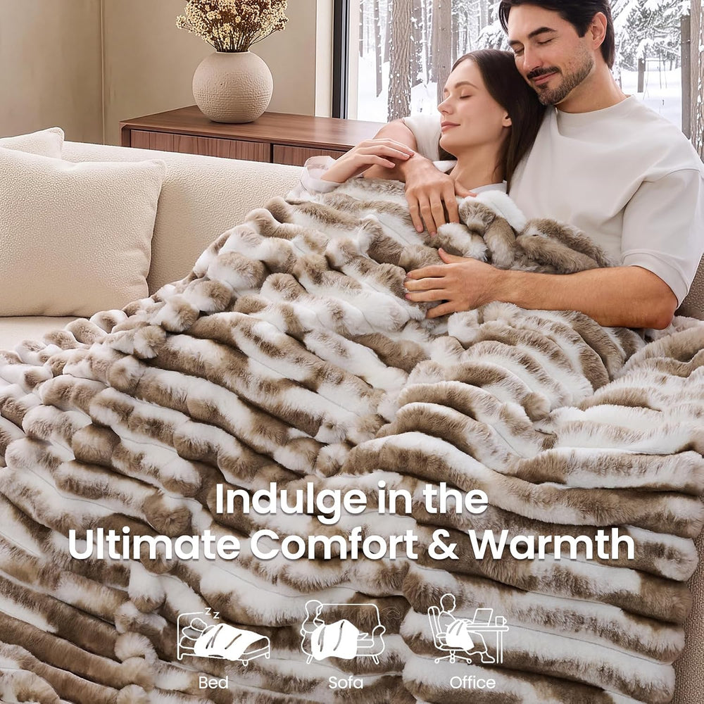 L'AGRATY Faux Fur Throw Blanket for Couch, 3D Striped, 50x60 Inches, Taupe