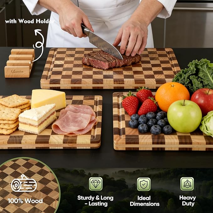 3 Pack Checkered Wood Cutting Board Set Cutting Boards - Image 3
