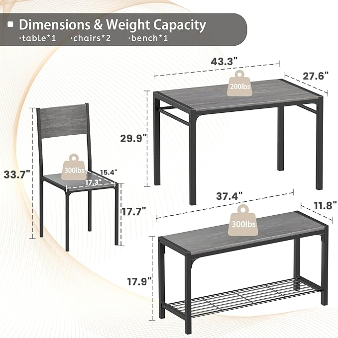 JUMMICO 43.3" Dining Table Set for 4, Kitchen Table with Bench & 2 C...