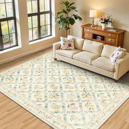 6x9 Area Rugs for Living Room: Floral Washable Rug Vintage Large Soft Boho by PLHXFRSoftAreaRugs