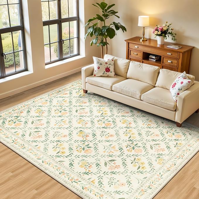 Area Rug Living Room Rugs: Floral 5x7 Washable Rug Vintage Soft Boho Non-Slip by PLHXFRSoftAreaRugs
