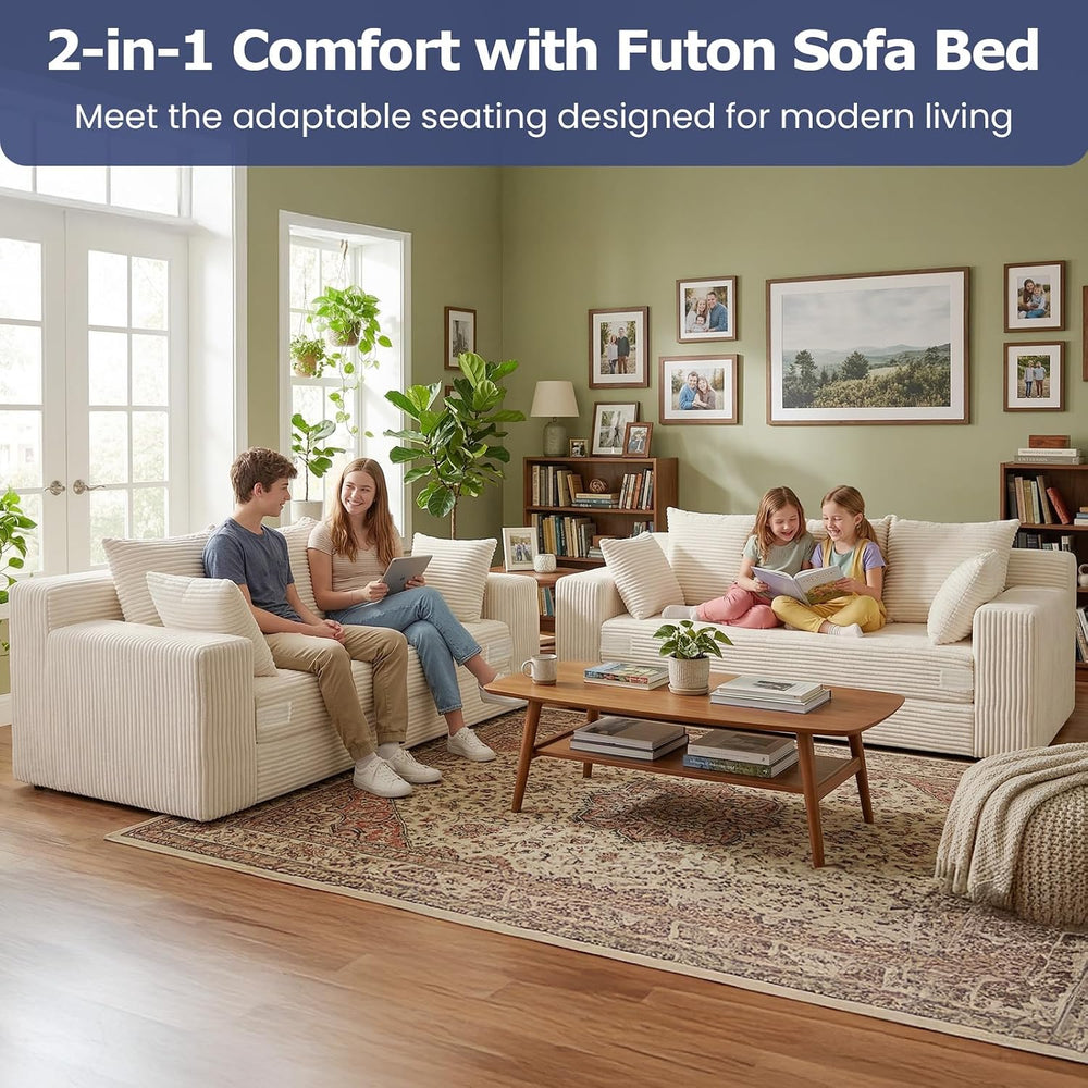 3 Seater Boneless Couch for Living Room, Convertible Futon Sofa Bed Comfy Pul...