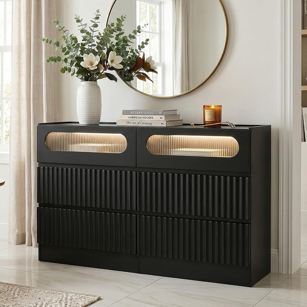 senlin Fluted 6 Drawer Dresser,Modern Chest of Drawers,Black