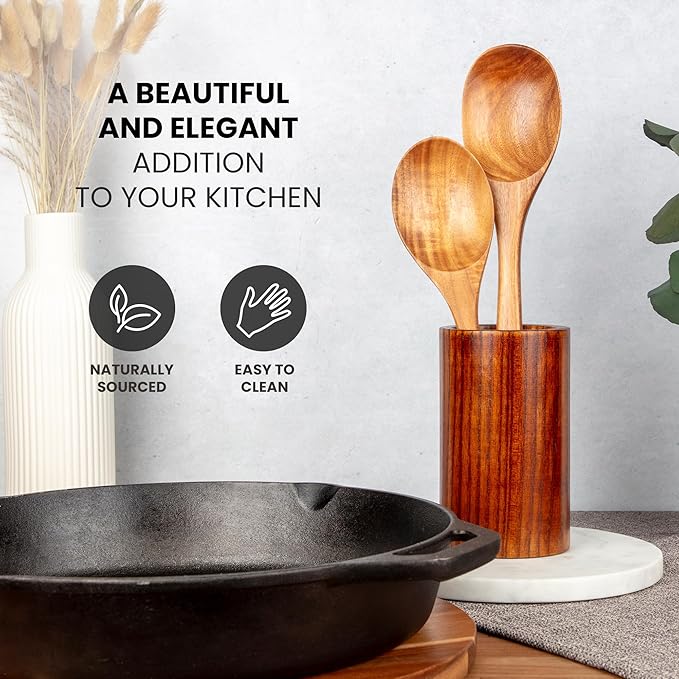 Zulay Kitchen Teak Wood Utensil Set – 2 Piece Large and Small Wooden Cooking - Image 5