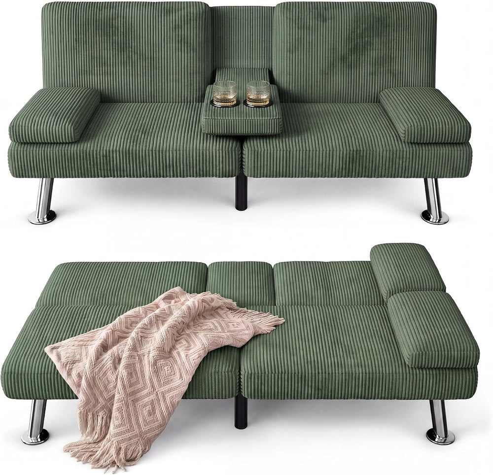 Furmax Convertible Futon Sofa Bed with Adjustable Backrest & 2 Cup Holders