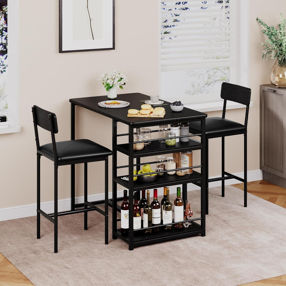 Bar Table and Chair Set with Three Shelves Small 2-Person Dining Table with 2...