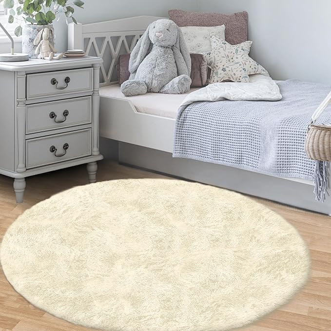 Cream White Round Rugs for Bedroom: 4ft Circle Fluffy Shag Soft Washable Rug - Image 5