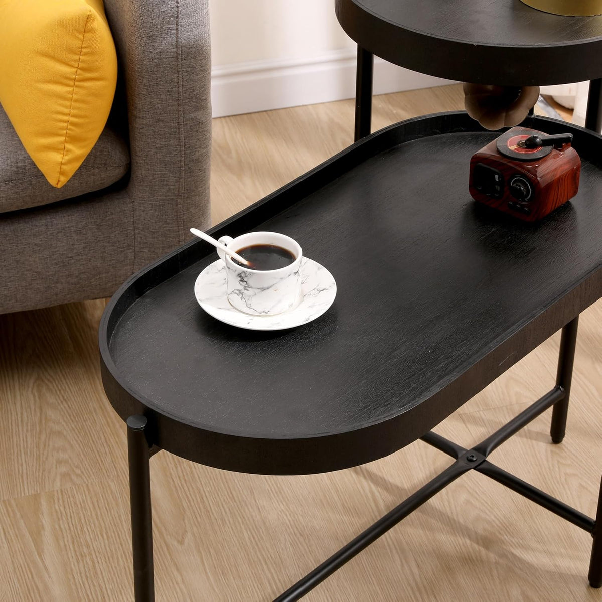 2 Tier Side Table with Storage Shelve Small Sofa Table Modern Metal End Table Coffee Table with Wooden Tray Top, Black